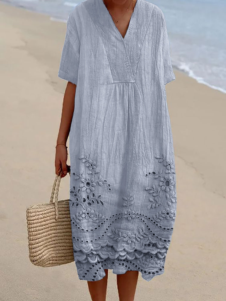 Elowen | Women's Cotton Short Sleeve V-Neck Midi Dress