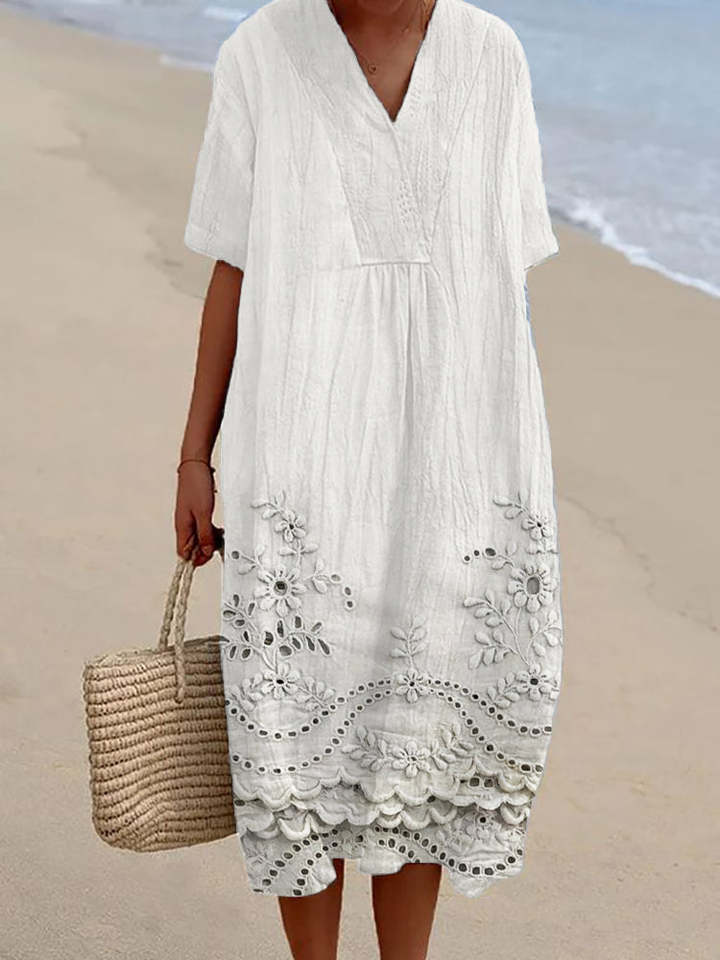 Elowen | Women's Cotton Short Sleeve V-Neck Midi Dress