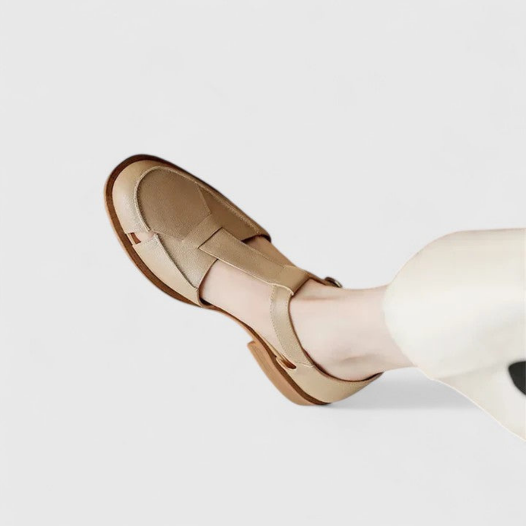 Elodie | Women's Leather T-Bar Closed-Toe Block Heel Sandals