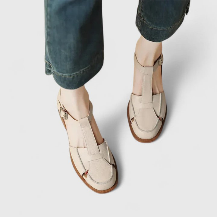 Elodie | Women's Leather T-Bar Closed-Toe Block Heel Sandals