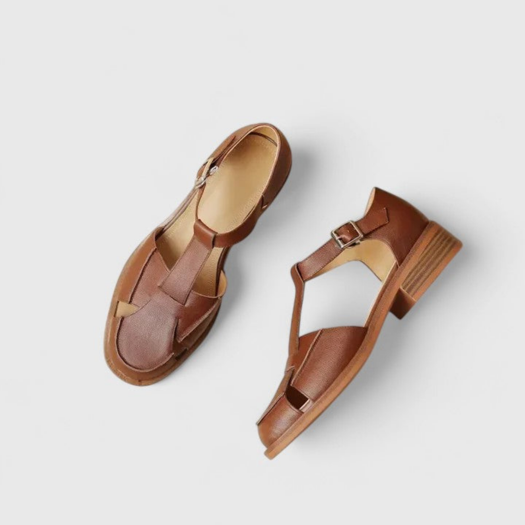 Elodie | Women's Leather T-Bar Closed-Toe Block Heel Sandals