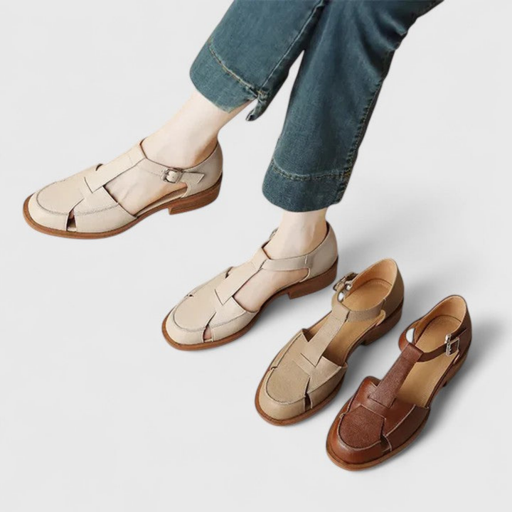 Elodie | Women's Leather T-Bar Closed-Toe Block Heel Sandals