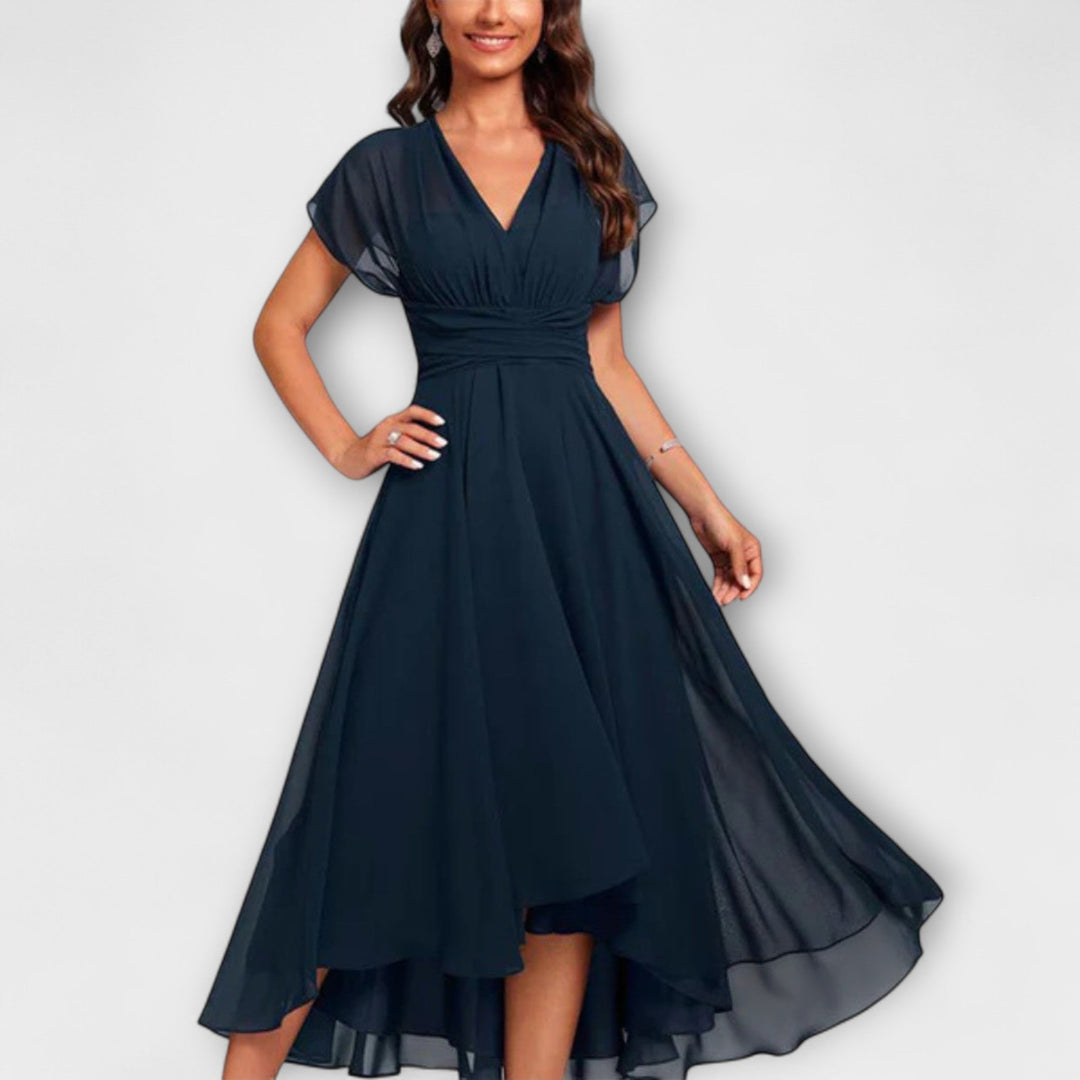 Lucia's Flowing Grace | V-Neck Midi Dress