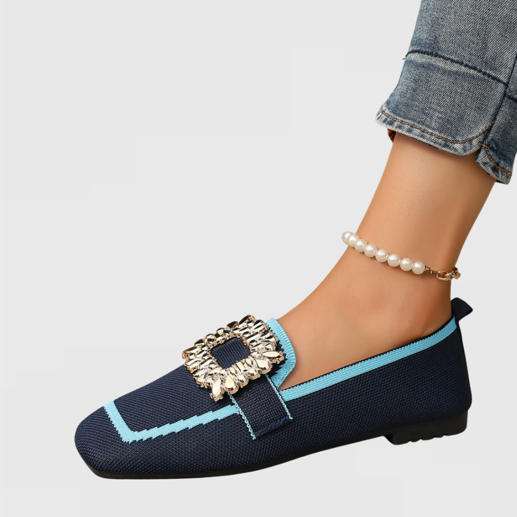 Ivy | Women's Breathable Knit Jewel Buckle Square-Toe Loafers