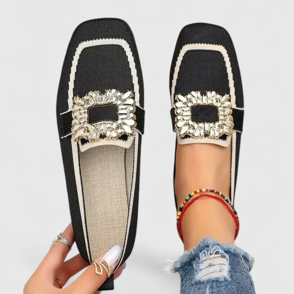 Ivy | Women's Breathable Knit Jewel Buckle Square-Toe Loafers