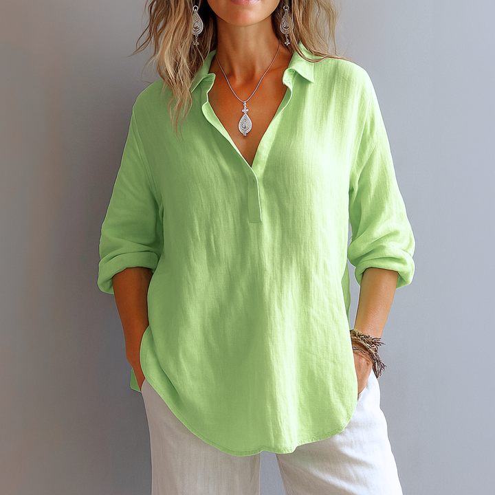 Daisy | Women's Linen Collared V-Neck Oversized Relaxed Blouse