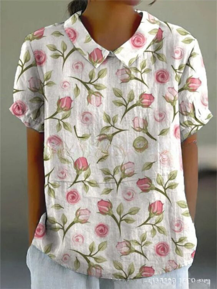 Sage | Women's Linen Embroidered Floral Collared Short Sleeve Top