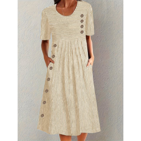Liana's Buttoned Charm | Striped Midi Dress