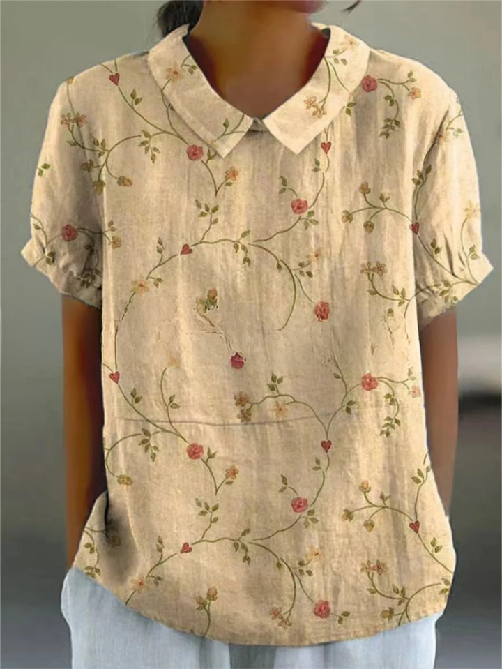 Sage | Women's Linen Embroidered Floral Collared Short Sleeve Top