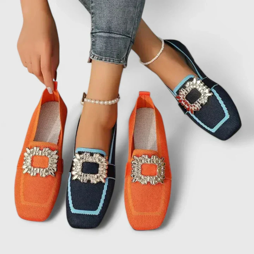 Ivy | Women's Breathable Knit Jewel Buckle Square-Toe Loafers