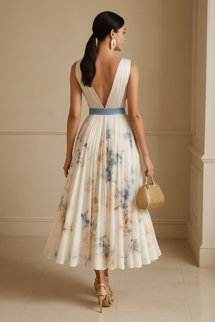Elara's Poised Grace | Pleated V-Neck Midi Dress