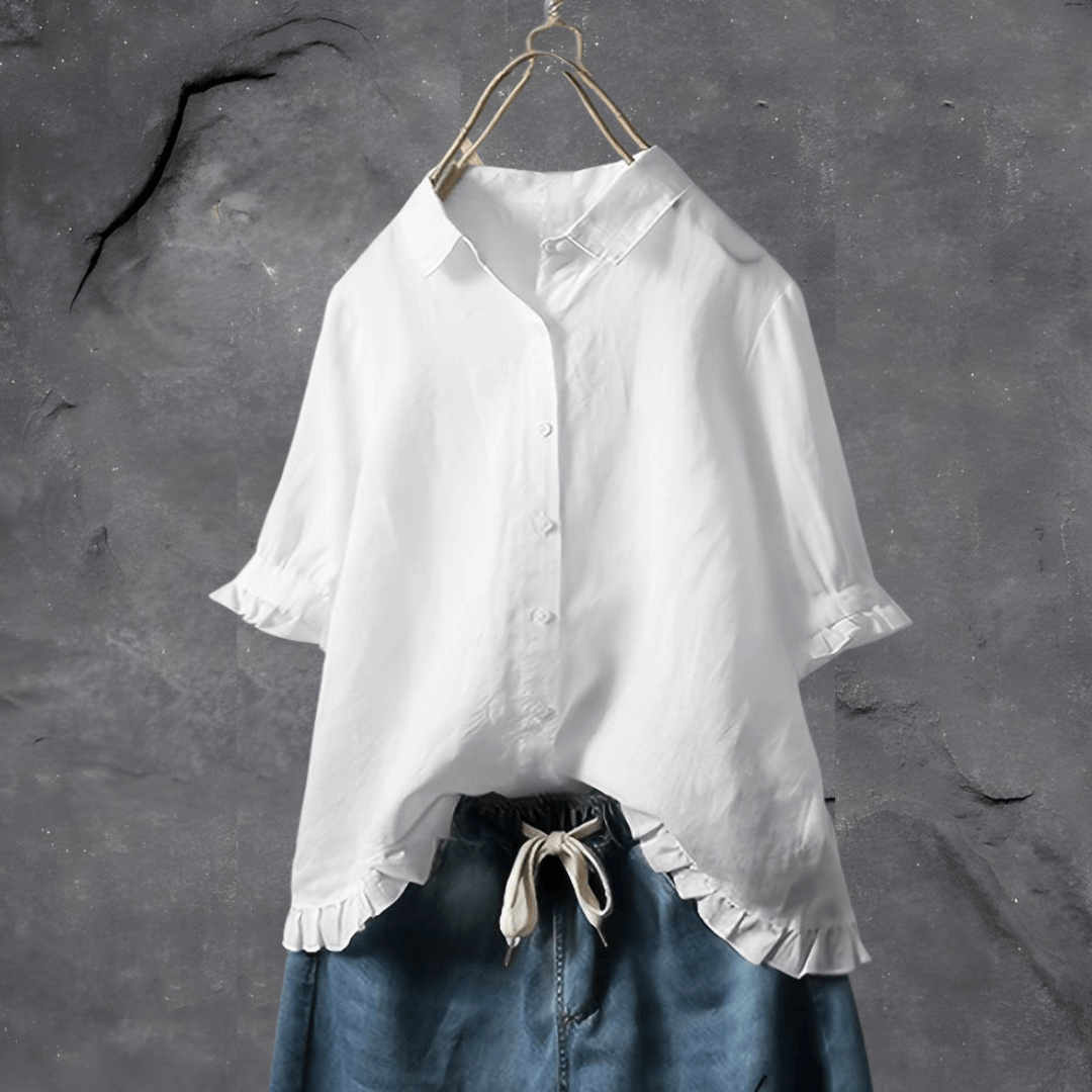 Elodie | Women's Linen Frill-Hem 3/4 Sleeve Relaxed Blouse