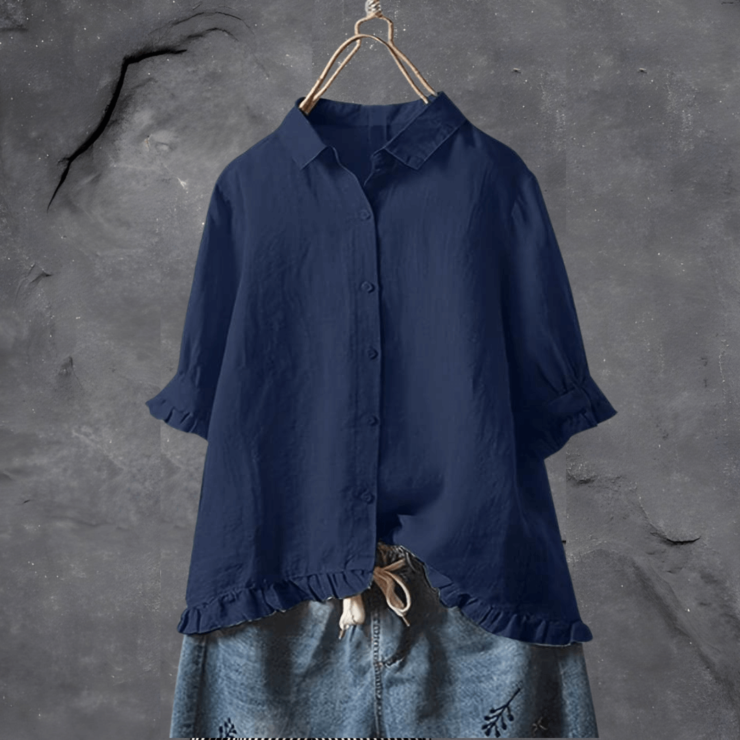 Elodie | Women's Linen Frill-Hem 3/4 Sleeve Relaxed Blouse