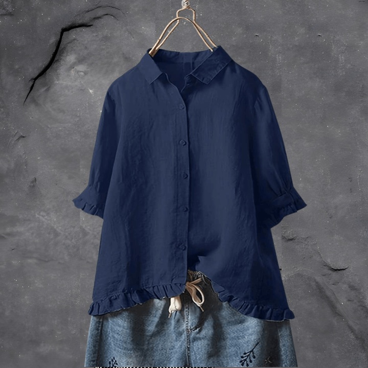 Elodie | Women's Linen Frill-Hem 3/4 Sleeve Relaxed Blouse