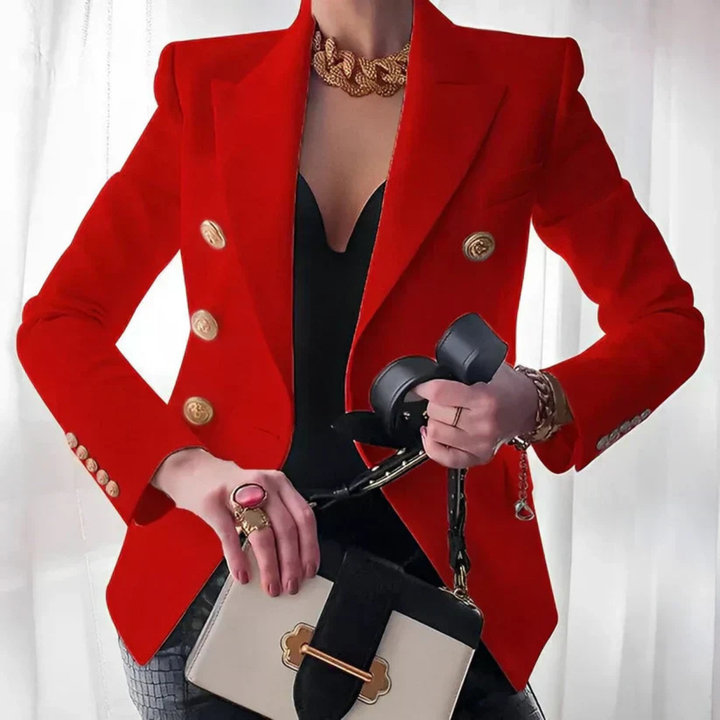 Adelaide | Women's Cotton-Blend Double-Breasted Gold Button Blazer