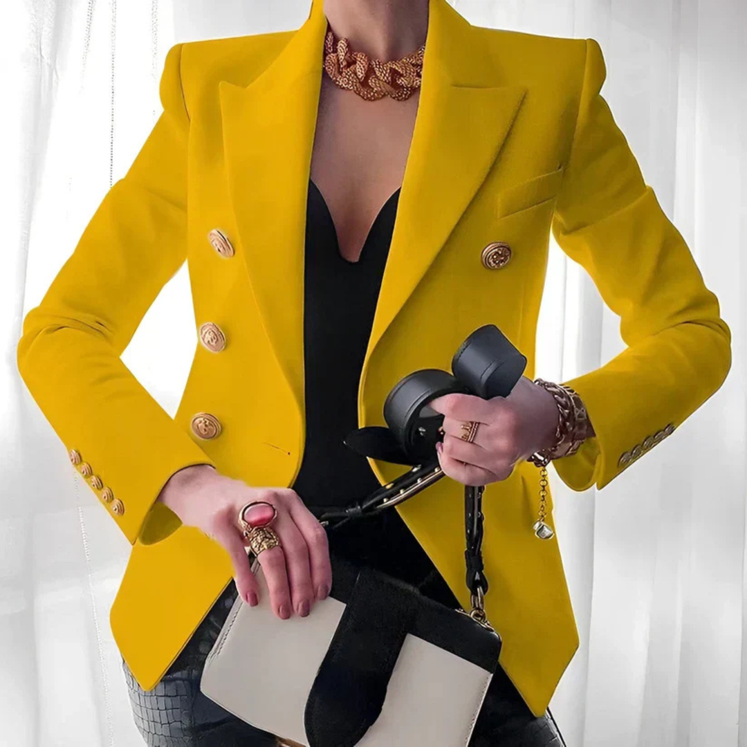 Adelaide | Women's Cotton-Blend Double-Breasted Gold Button Blazer