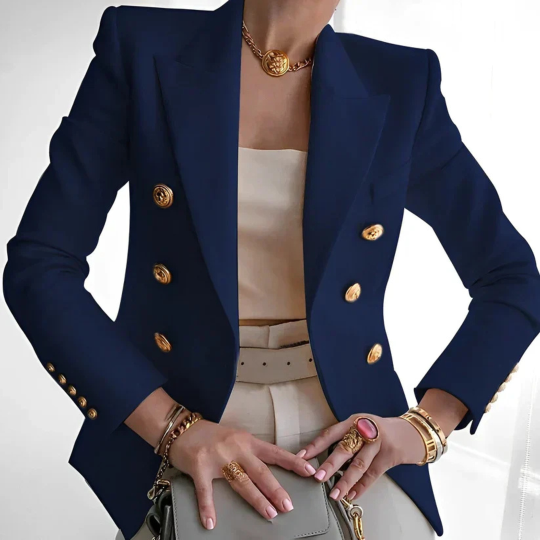 Adelaide | Women's Cotton-Blend Double-Breasted Gold Button Blazer