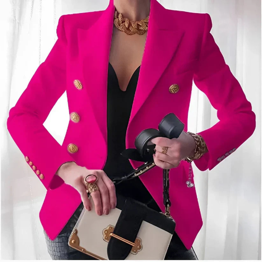 Adelaide | Women's Cotton-Blend Double-Breasted Gold Button Blazer