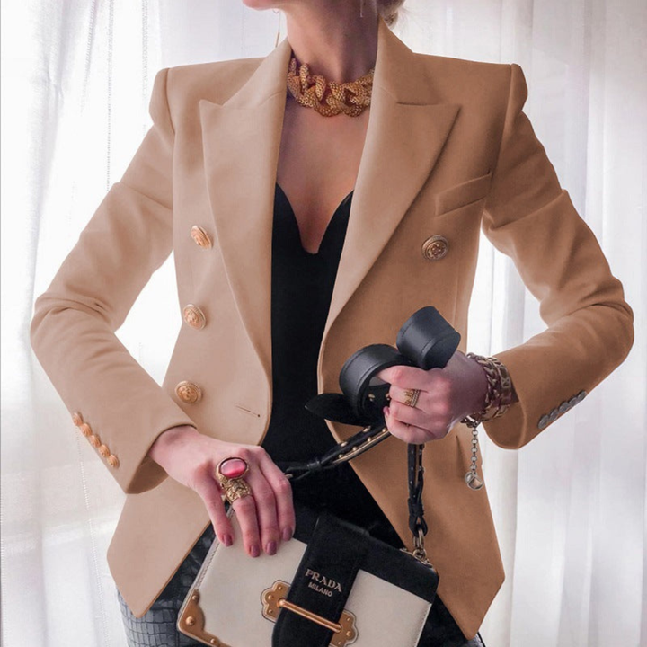 Adelaide | Women's Cotton-Blend Double-Breasted Gold Button Blazer