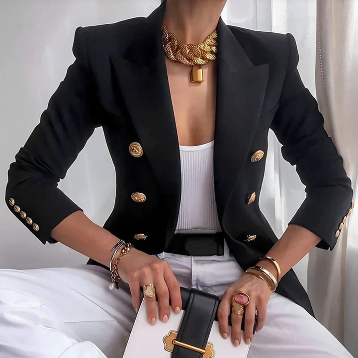 Adelaide | Women's Cotton-Blend Double-Breasted Gold Button Blazer