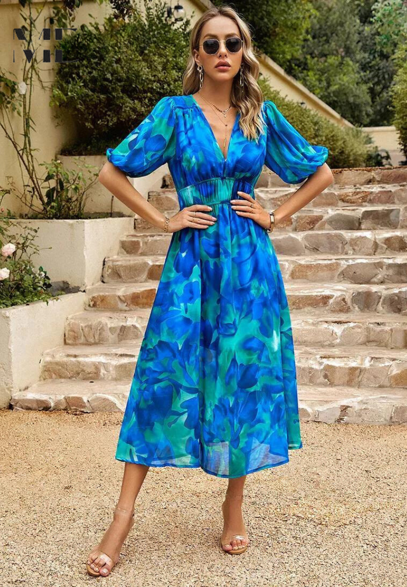 Adele | Women's Chiffon Printed V-Neck Puff Sleeve Midi Dress