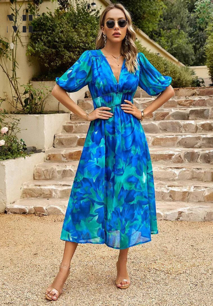 Adele | Women's Chiffon Printed V-Neck Puff Sleeve Midi Dress