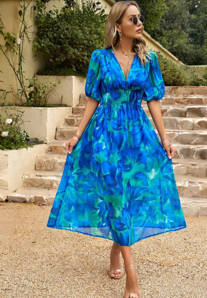 Adele | Women's Chiffon Printed V-Neck Puff Sleeve Midi Dress