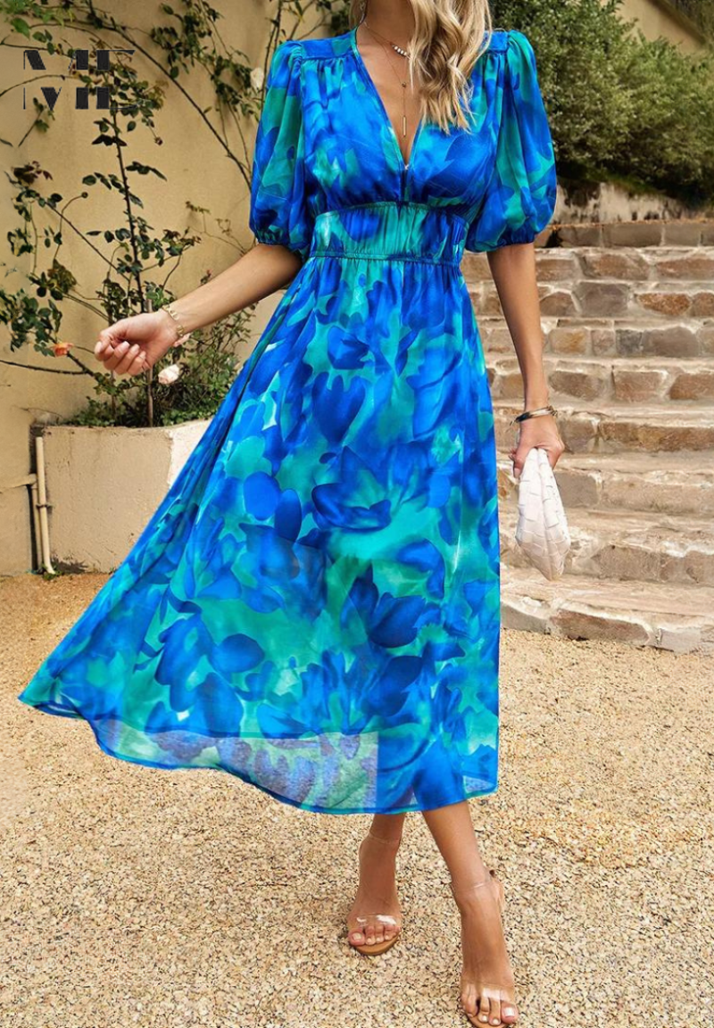 Adele | Women's Chiffon Printed V-Neck Puff Sleeve Midi Dress