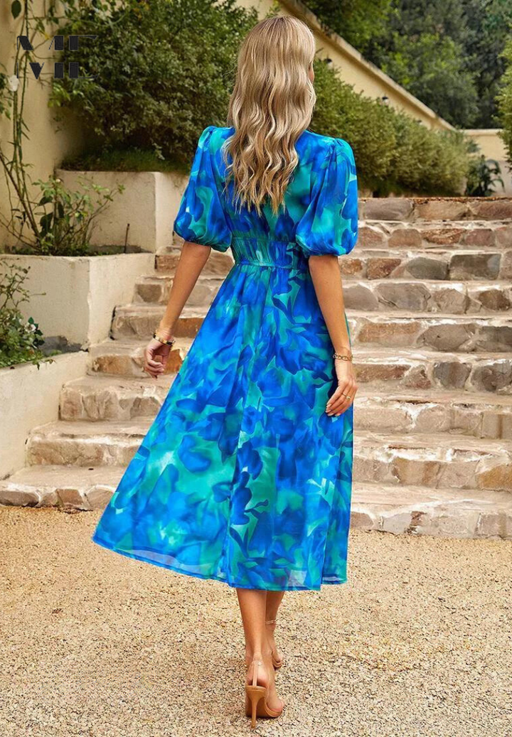 Adele | Women's Chiffon Printed V-Neck Puff Sleeve Midi Dress