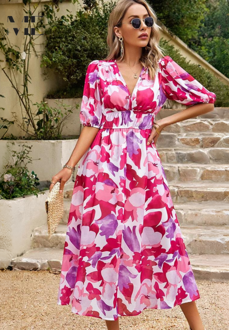 Adele | Women's Chiffon Printed V-Neck Puff Sleeve Midi Dress
