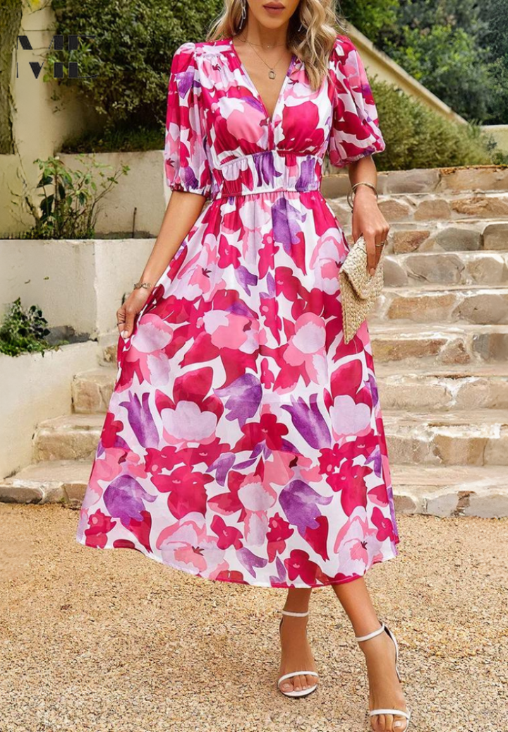 Adele | Women's Chiffon Printed V-Neck Puff Sleeve Midi Dress