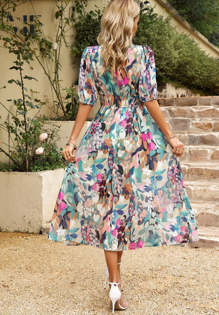 Adele | Women's Chiffon Printed V-Neck Puff Sleeve Midi Dress