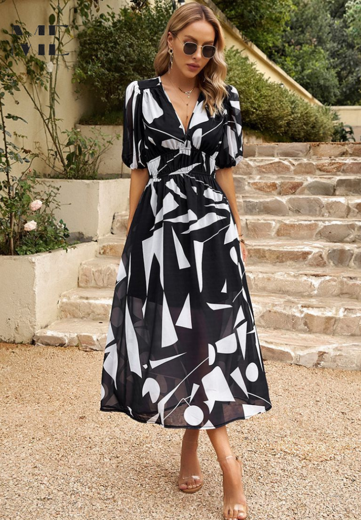 Adele | Women's Chiffon Printed V-Neck Puff Sleeve Midi Dress