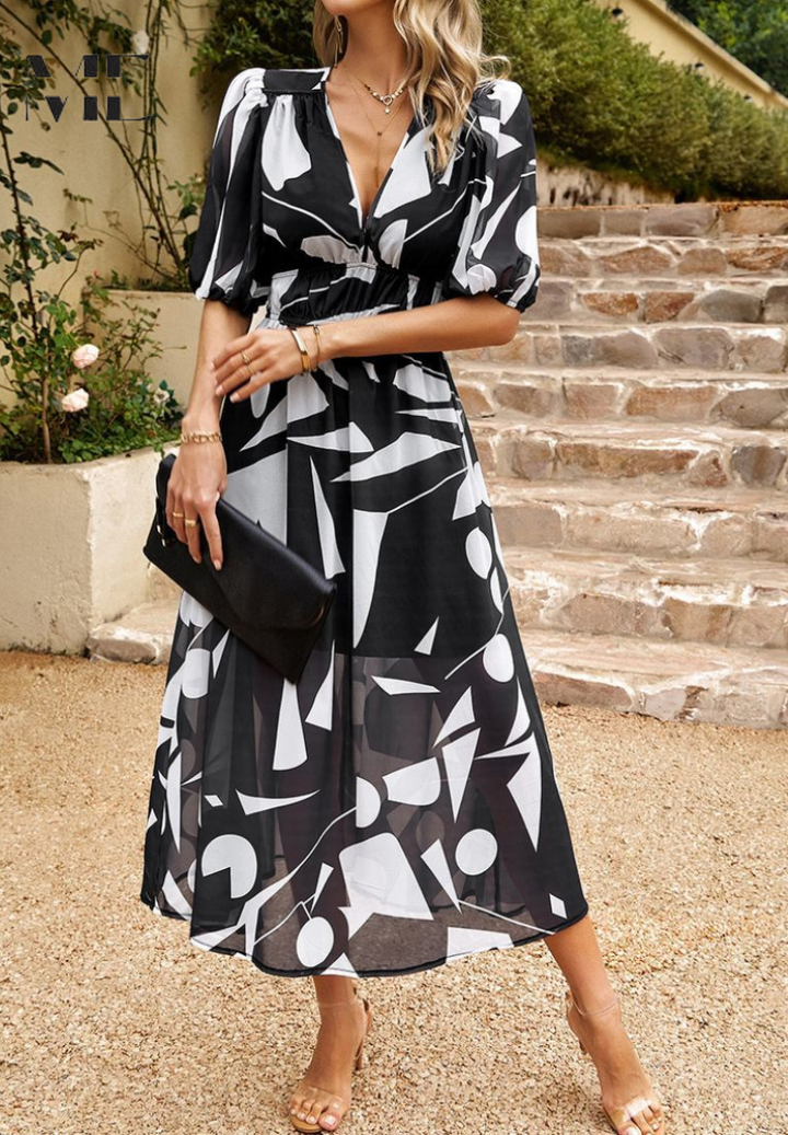 Adele | Women's Chiffon Printed V-Neck Puff Sleeve Midi Dress