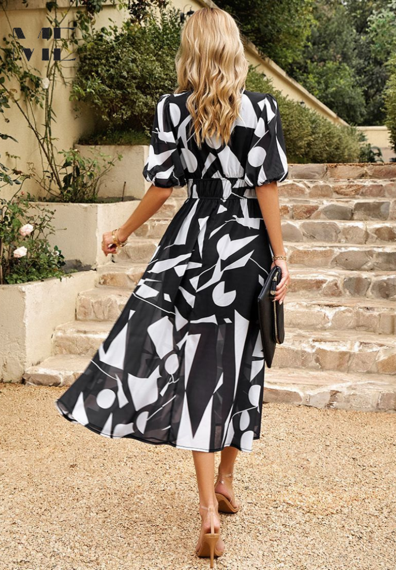 Adele | Women's Chiffon Printed V-Neck Puff Sleeve Midi Dress