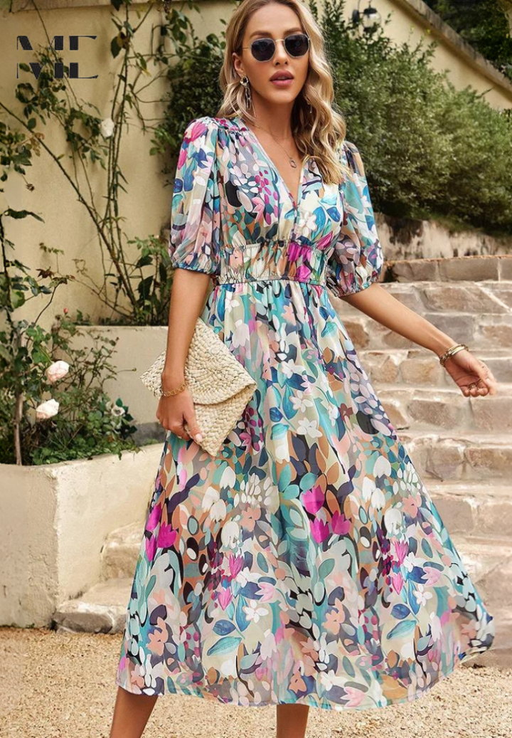 Adele | Women's Chiffon Printed V-Neck Puff Sleeve Midi Dress