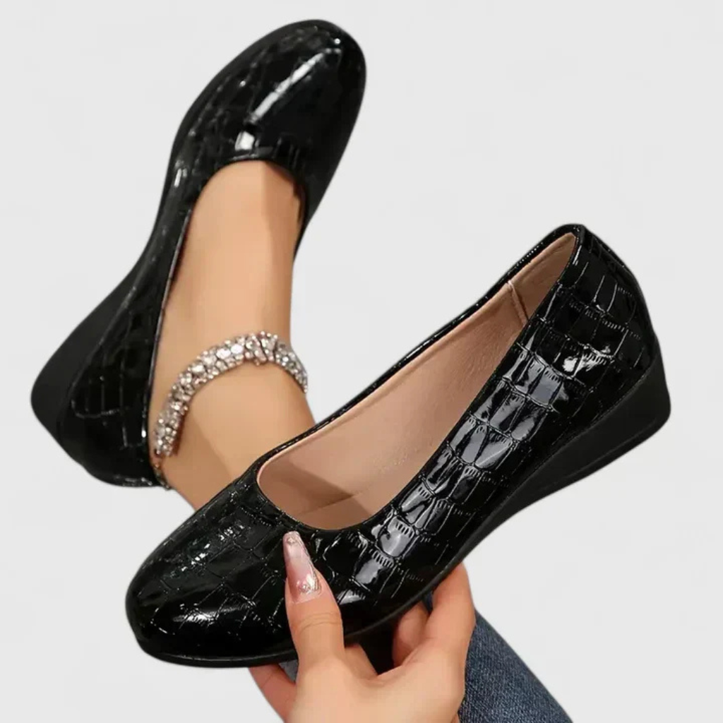 Adele | Women's Leather Croc-Embossed Slip-On Low Wedge Pumps