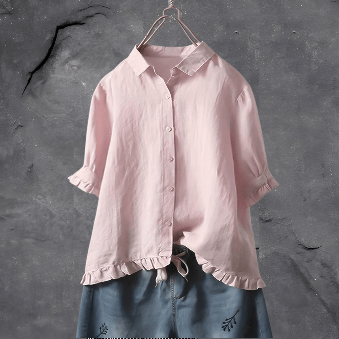 Adele | Women's Linen Ruffle Trim Button-Down Blouse