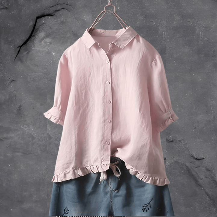 Adele | Women's Linen Ruffle Trim Button-Down Blouse