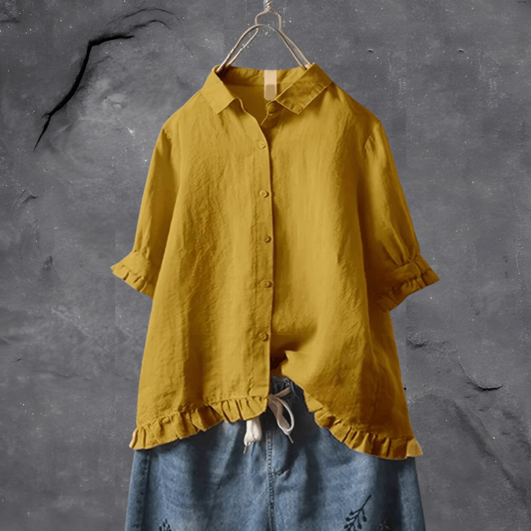 Adele | Women's Linen Ruffle Trim Button-Down Blouse