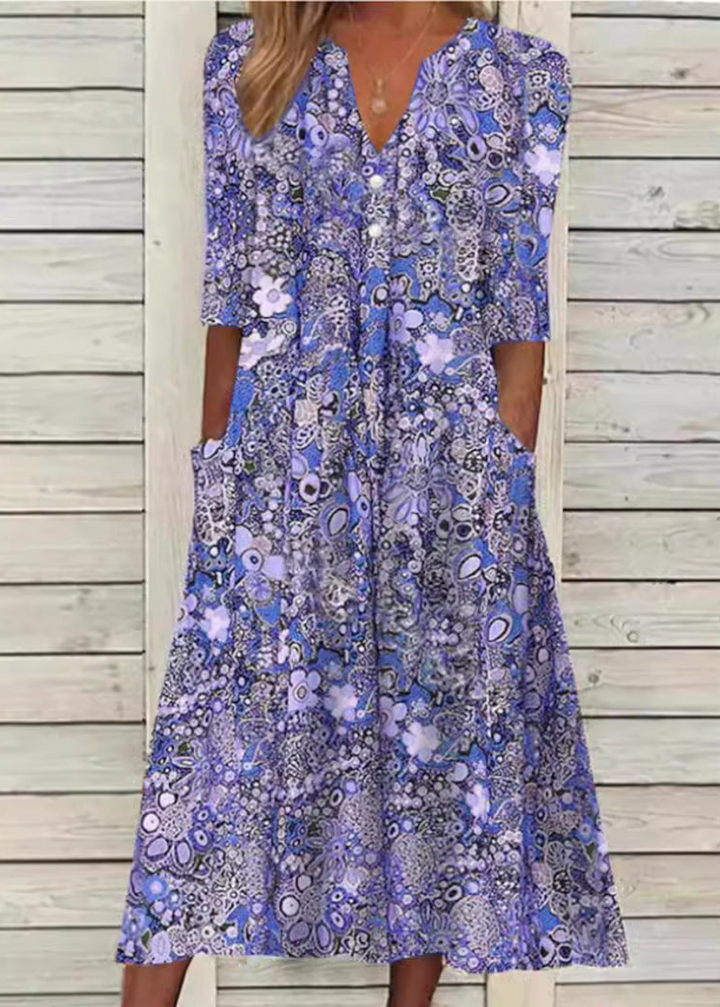 Adira | Women's Cotton V-Neck Relaxed Button-Front Midi Dress