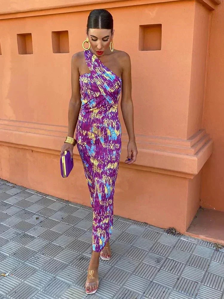 Anouk | Women's Satin One-Shoulder Geometric Print Maxi Dress