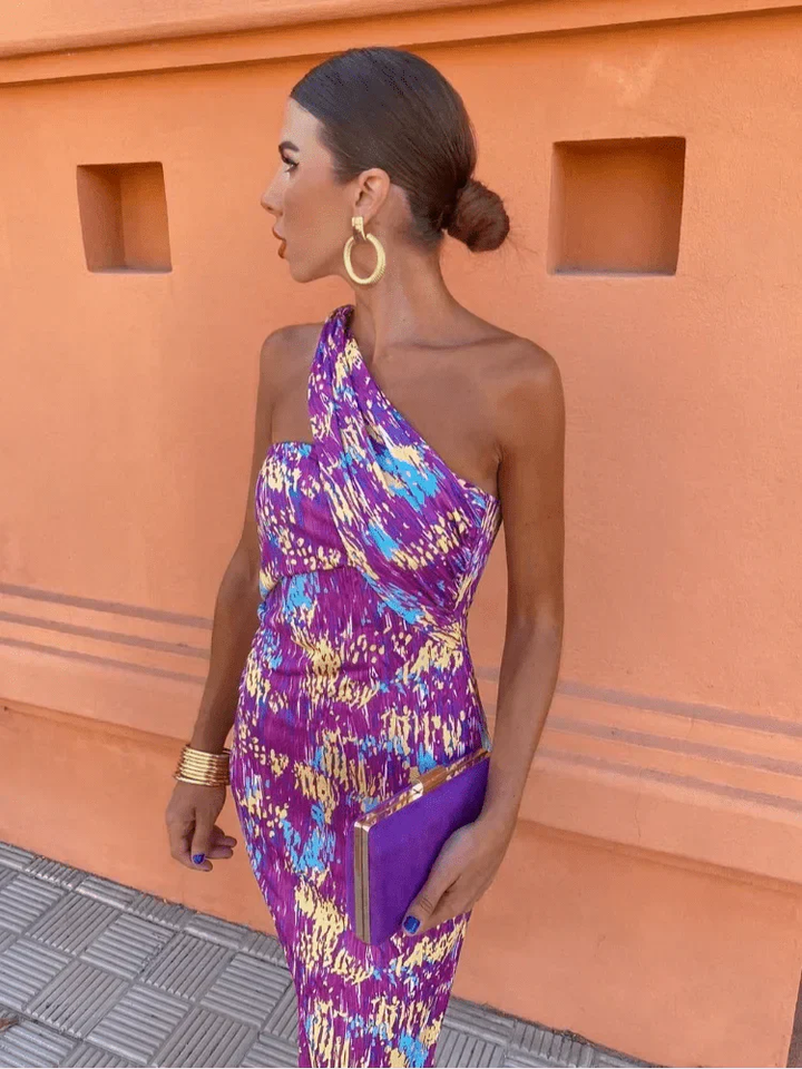 Anouk | Women's Satin One-Shoulder Geometric Print Maxi Dress