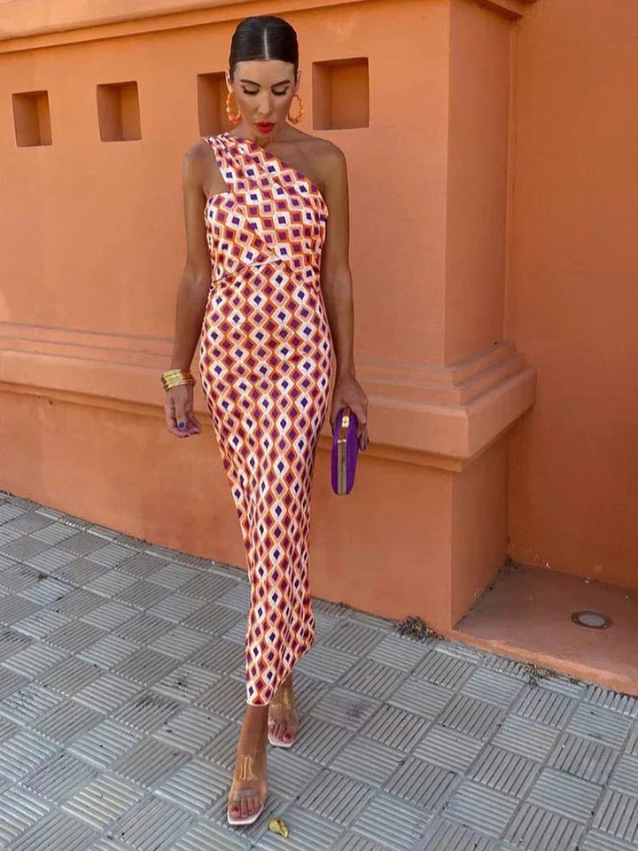 Anouk | Women's Satin One-Shoulder Geometric Print Maxi Dress