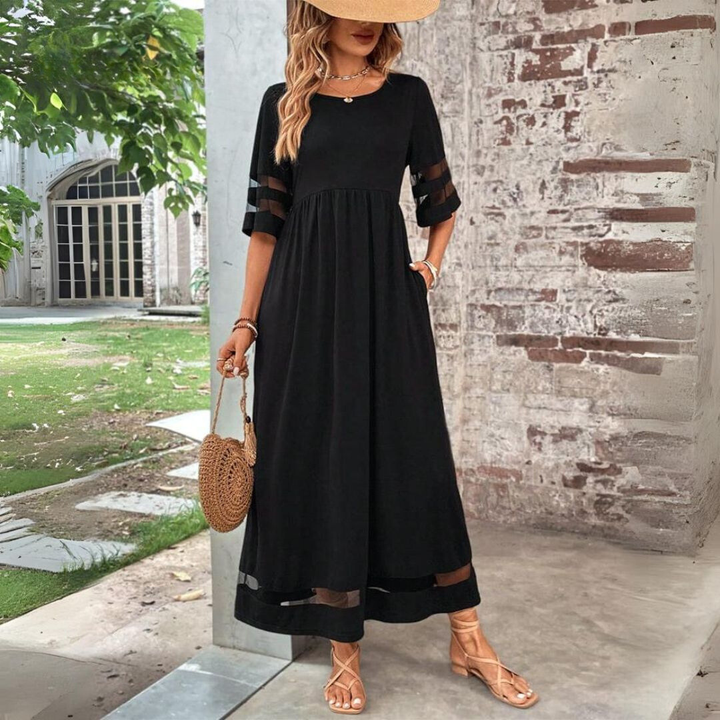 Astrid | Women's Chiffon Mesh-Panel Smocked Maxi Dress Elegant