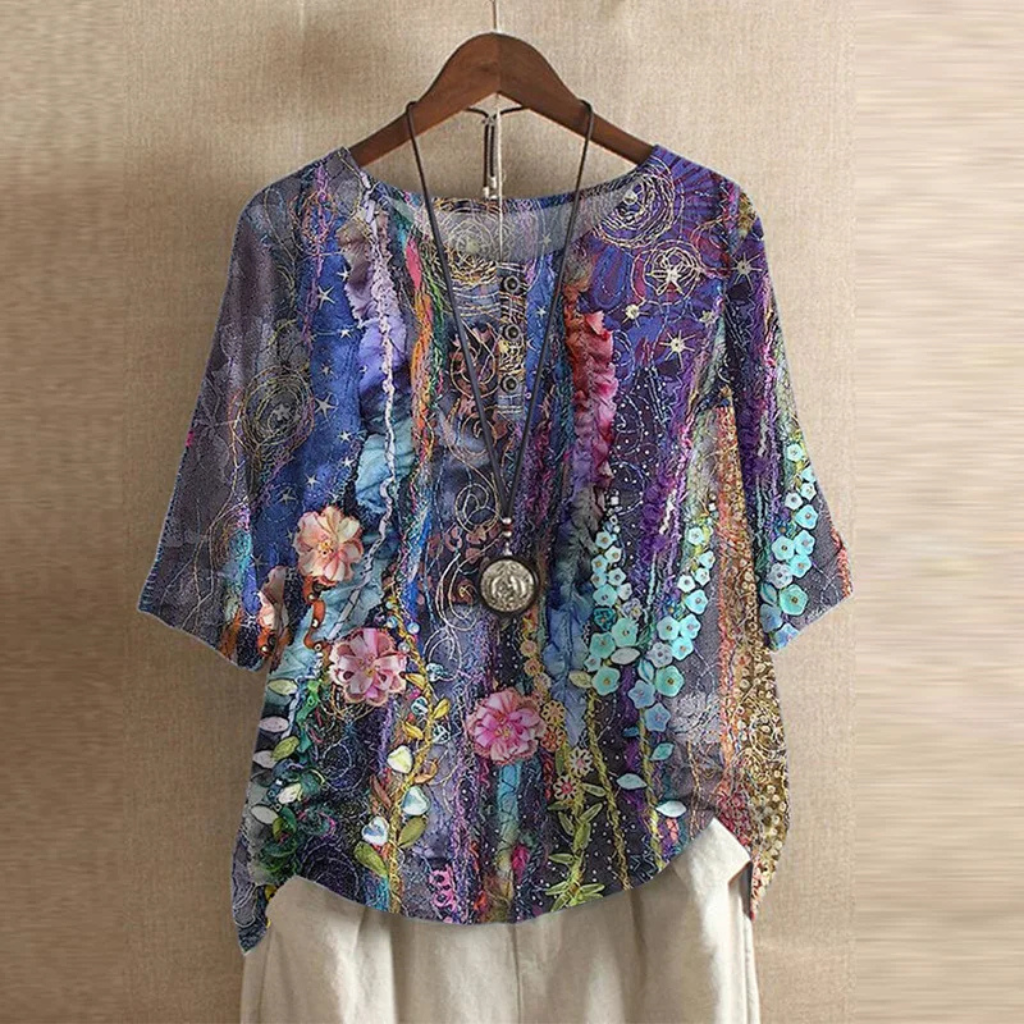 Berni | Women's Linen Garden Border Print Henley Top
