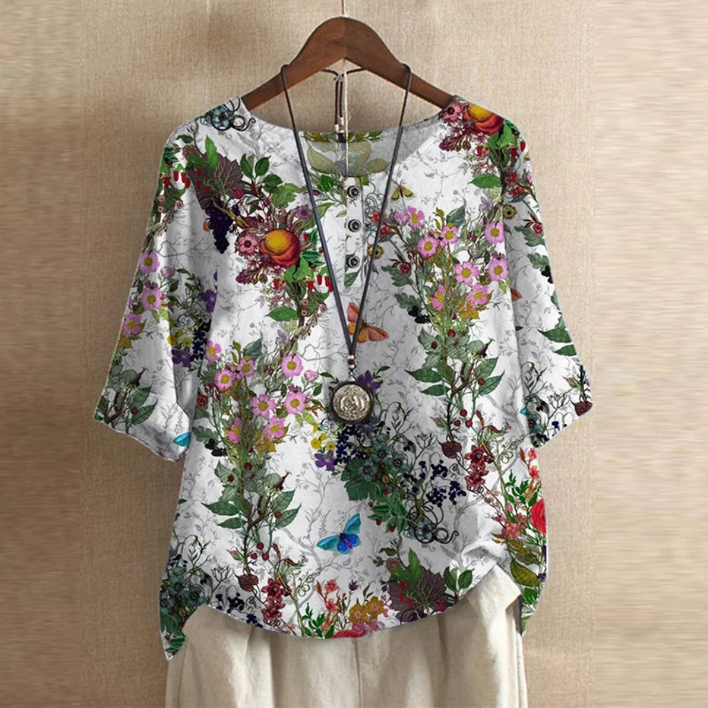 Berni | Women's Linen Garden Border Print Henley Top