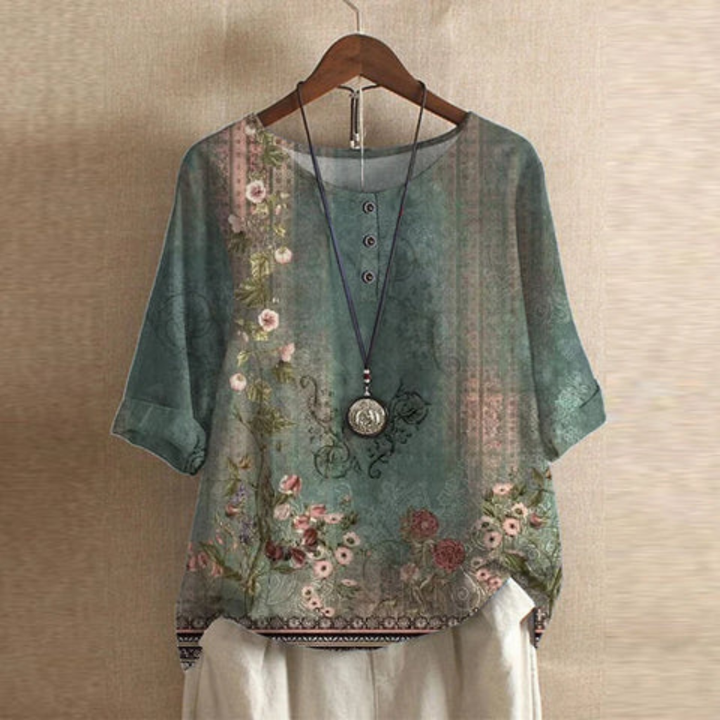 Berni | Women's Linen Garden Border Print Henley Top