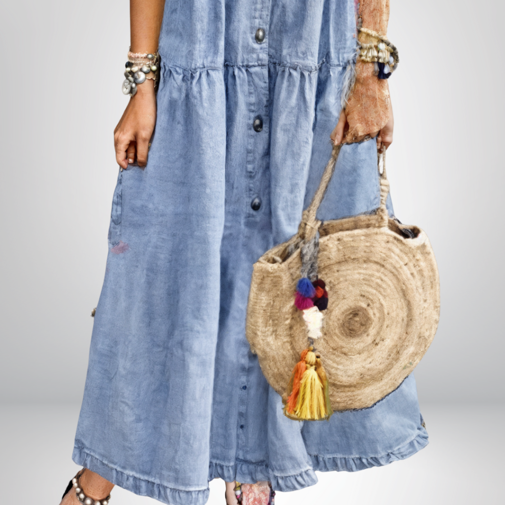 Birdie | Women's Denim Button-Down Tiered Maxi Dress