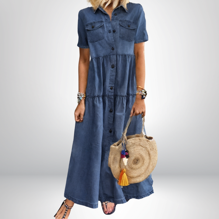 Birdie | Women's Denim Button-Down Tiered Maxi Dress
